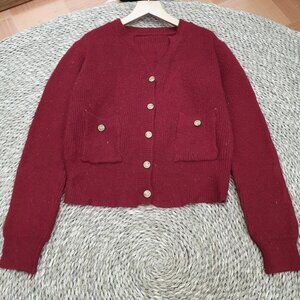 Burgundy Gold Button Knit Cardigan Pocket Detail Cropped Sweater